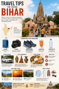 Travel tips for visiting Bihar featuring Mahabodhi Temple, travel essentials, safety tips, local transport, and India map with Bihar highlighted.