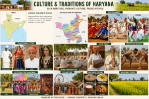 Culture and traditions of Haryana featuring India map, Haryana political map, Haryanvi folk dance, traditional attire, wrestling, village fair, and rural lifestyle.