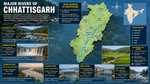 Major rivers of Chhattisgarh featuring Mahanadi, Indravati, Shivnath, Hasdeo, Chitrakote Waterfall, Hasdeo Bango Dam, and river network map.
