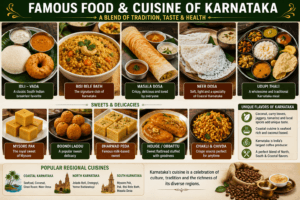 Infographic showcasing the famous food and cuisine of Karnataka, including Mysore Pak, Bisi Bele Bath, Masala Dosa, Neer Dosa, Udupi Thali, Idli, Vada, Holige, Dharwad Peda, and other traditional Karnataka dishes.