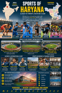 Sports of Haryana featuring India map, Haryana political map, wrestling, boxing, hockey, athletics, shooting, kabaddi, stadiums, and Olympic medals.