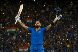 Virat Kohli playing his signature cover drive during an international cricket match for India.