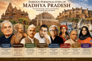 Famous personalities of Madhya Pradesh featuring Atal Bihari Vajpayee, Tansen, Makhanlal Chaturvedi, Harishankar Parsai, S. H. Raza, and Rani Avanti Bai Lodhi.