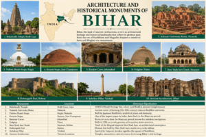 Architecture and historical monuments of Bihar featuring Mahabodhi Temple, Nalanda University, Barabar Caves, Golghar, Sher Shah Suri Tomb, and India map with Bihar highlighted.