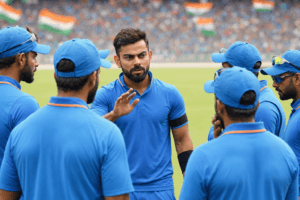 Virat Kohli captaining the Indian cricket team during an international match.