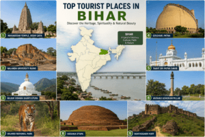 Top tourist places in Bihar featuring Mahabodhi Temple, Nalanda University, Rajgir, Patna, Valmiki National Park, and India map with Bihar highlighted.