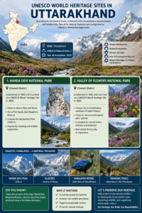 UNESCO World Heritage Sites in Uttarakhand featuring Nanda Devi National Park, Valley of Flowers, Himalayan landscapes, and India map with Uttarakhand highlighted.