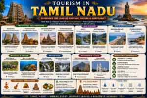 Tourism in Tamil Nadu featuring Marina Beach, Meenakshi Amman Temple, Brihadeeswarar Temple, Ooty, Kodaikanal, Mahabalipuram, Rameswaram, Kanyakumari, and Mudumalai Tiger Reserve.