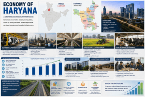 Economy of Haryana featuring India map, Haryana political map, Gurugram skyline, automobile manufacturing, agriculture, Panipat textile industry, dairy farming, and IT sector.