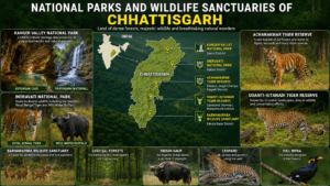 National Parks and Wildlife Sanctuaries of Chhattisgarh featuring Kanger Valley, Indravati National Park, Achanakmar Tiger Reserve, Wild Water Buffalo, Royal Bengal Tiger, and dense forests.