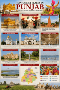 Top tourist places in Punjab featuring Golden Temple, Wagah Border, Jallianwala Bagh, Anandpur Sahib, Patiala, Harike Wetland, and Jagatjit Palace.
