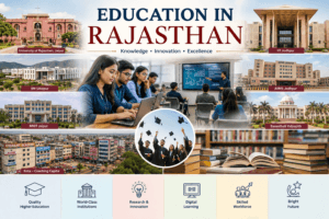 Education in Rajasthan featuring the University of Rajasthan, IIT Jodhpur, IIM Udaipur, AIIMS Jodhpur, Kota coaching institutes, and smart classrooms.