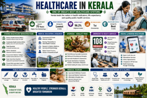 Healthcare in Kerala featuring modern hospitals, doctors, nurses, Ayurveda, ambulances, medical colleges, digital healthcare, and wellness centres.