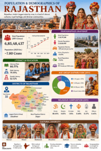 Population and demographics of Rajasthan featuring diverse communities, Jaipur skyline, literacy, district map, and cultural heritage.