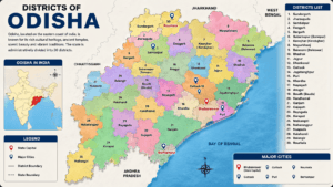 Administrative map of Odisha showing all 30 districts with district boundaries and Bhubaneswar marked as the capital.