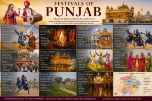 Festivals of Punjab featuring Baisakhi, Lohri, Guru Nanak Gurpurab, Hola Mohalla, Bhangra, Gidda, Golden Temple, and Punjabi cultural celebrations.