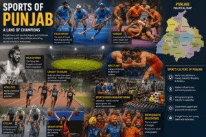 Sports of Punjab featuring hockey, Kabaddi, cricket, wrestling, athletics, Milkha Singh, sports goods, and modern stadiums.