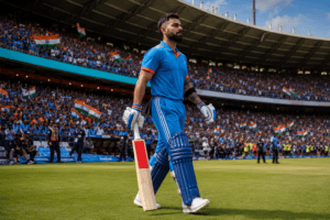 Virat Kohli walking onto the cricket field in India's blue cricket jersey before an international match.