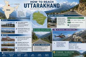 How to reach Uttarakhand by air, rail, road and helicopter featuring Jolly Grant Airport, Dehradun Railway Station, NH 7, and India map with Uttarakhand highlighted.