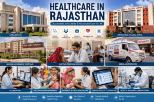 Healthcare in Rajasthan featuring AIIMS Jodhpur, SMS Medical College Jaipur, modern hospitals, ambulance services, vaccination, and digital healthcare.