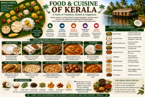 Food and cuisine of Kerala featuring Kerala Sadya, Appam and Stew, Puttu and Kadala Curry, Karimeen Pollichathu, Fish Curry, Payasam, banana leaf meal, and traditional Kerala dishes.