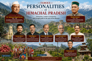Famous personalities of Himachal Pradesh featuring Dr. Yashwant Singh Parmar, Shanta Kumar, Anurag Thakur, Rishi Dhawan, Sudarshan Vashishtha, Baba Kanshi Ram, and other notable personalities.