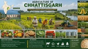 Agriculture of Chhattisgarh featuring rice fields, farmers, Mahanadi irrigation, Gangrel Dam, maize, wheat, sugarcane, vegetables, and modern farming.