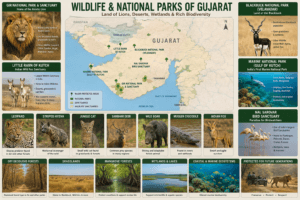 Wildlife and national parks of Gujarat featuring Asiatic Lions, Gir National Park, Indian Wild Ass, Blackbuck National Park, Marine National Park, and Nal Sarovar Bird Sanctuary.