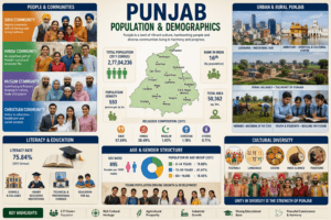 Population and demographics of Punjab featuring Punjabi families, cities, literacy, cultural diversity, population statistics, and the political map of Punjab.