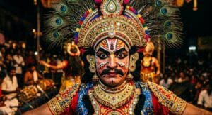 Traditional Yakshagana artist wearing colorful dramatic makeup and elaborate headgear