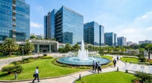 Modern glass skyscrapers in an IT business park in Bengaluru India