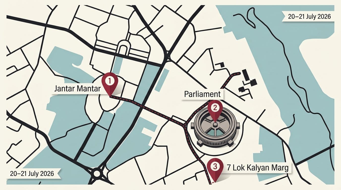 Map: DealKart Market. The three sites at the centre of the 20–21 July 2026 Delhi protests — Jantar Mantar, Parliament House, and 7 Lok Kalyan Marg. This is an editorial illustration, not a photograph of the event.