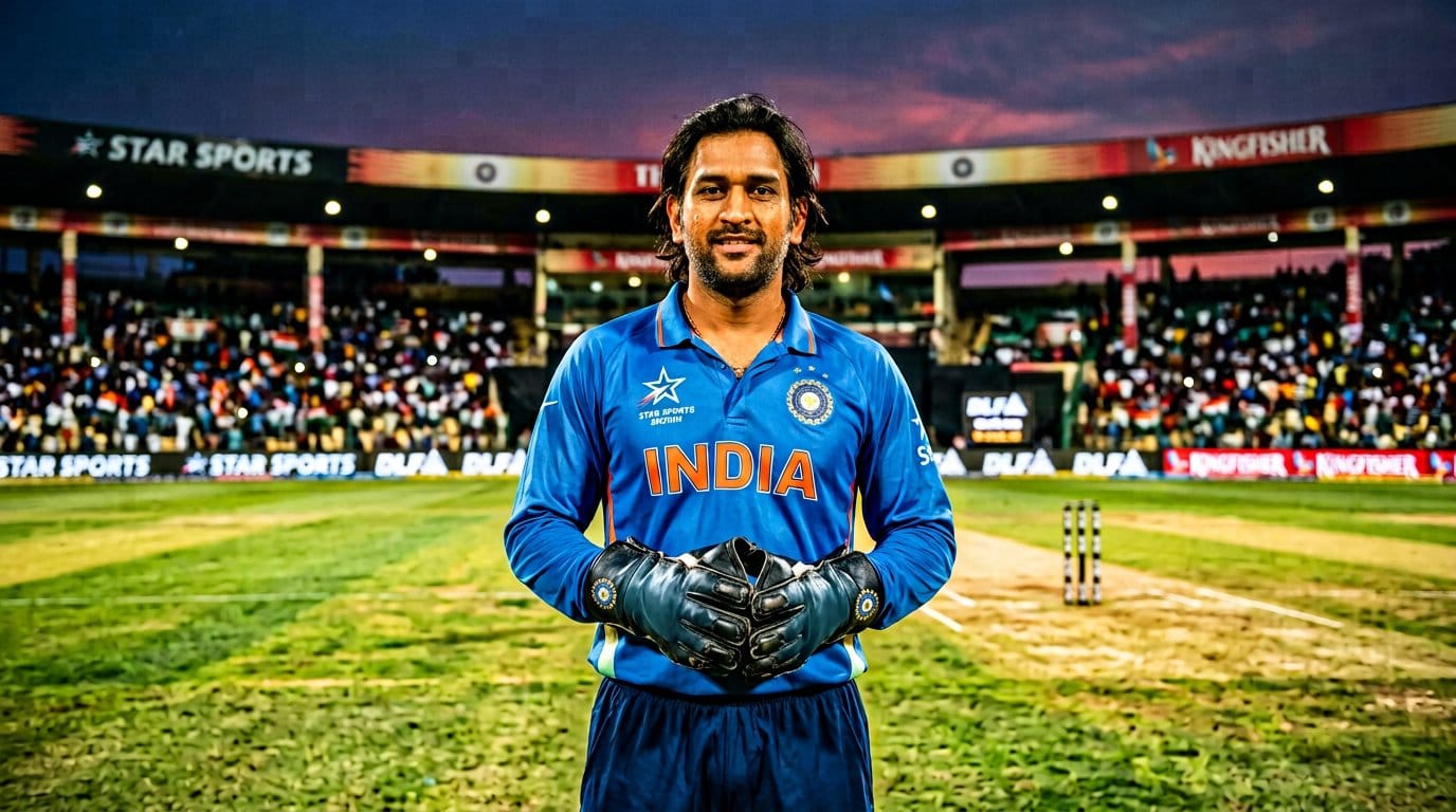 MS Dhoni in Indian cricket team's blue jersey with wicketkeeping gloves, standing at a floodlit stadium