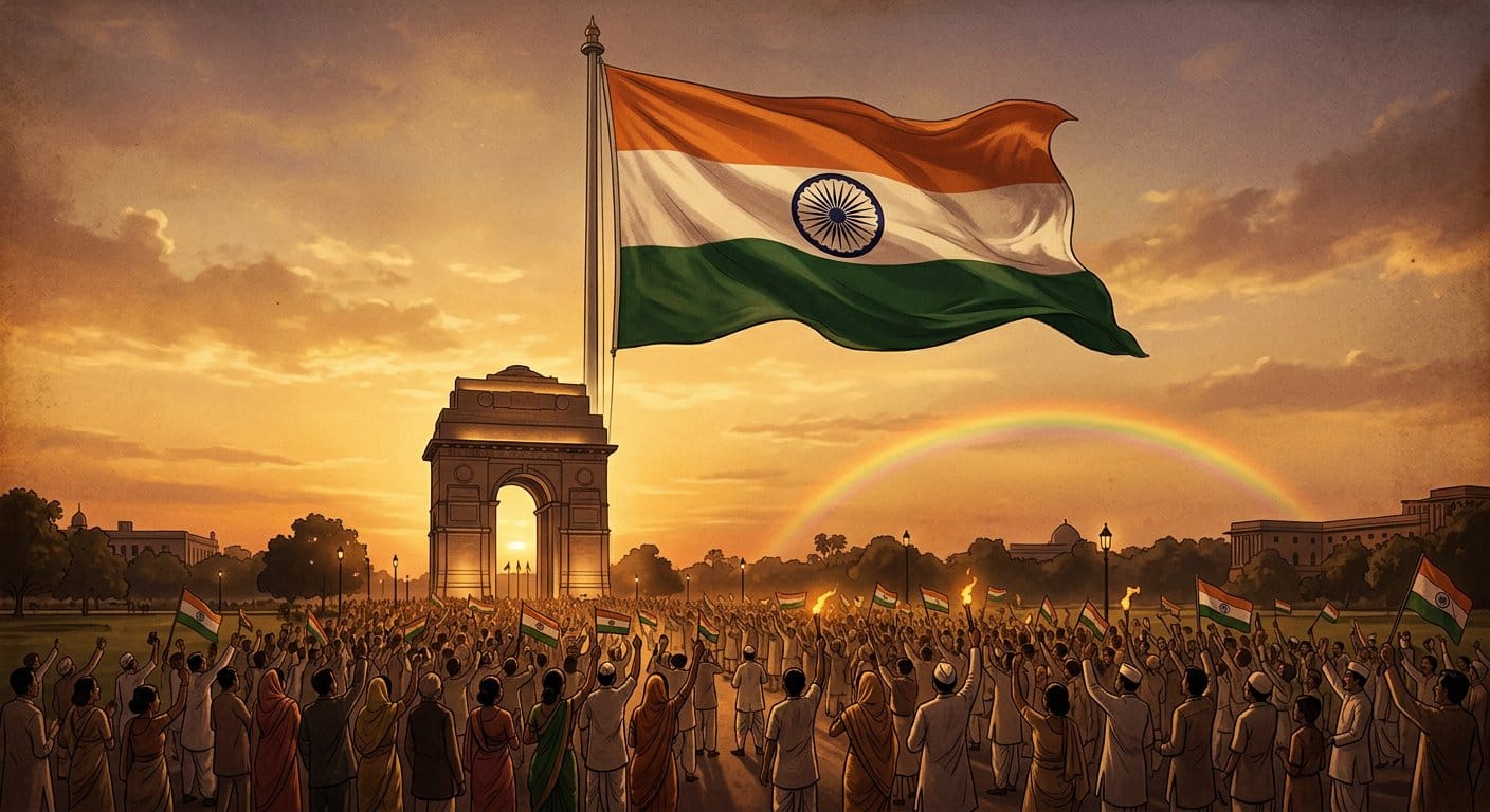 Tricolour flying near India Gate on the first Independence Day of India, 15 August 1947, with a rainbow at dusk