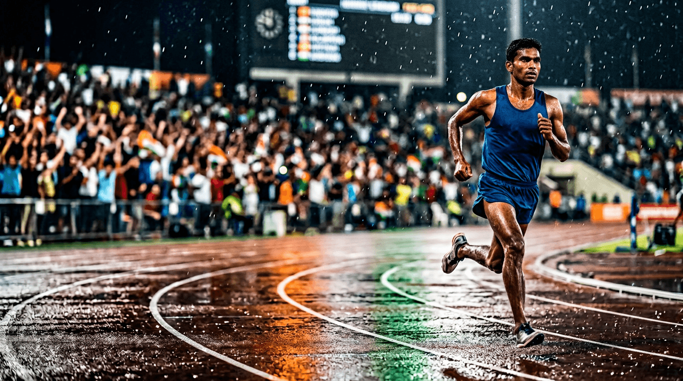 AI-generated editorial illustration of an Indian distance runner racing on a rain-soaked track under stadium lights, representing Gulveer Singh’s 2026 distance-running journey.