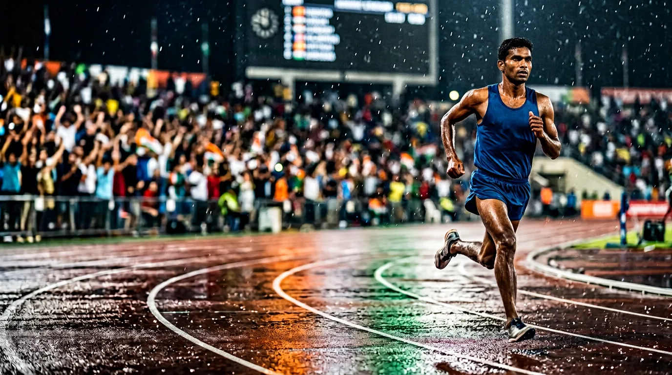 Gulveer Singh, India's distance-running star, racing on a rain-soaked track