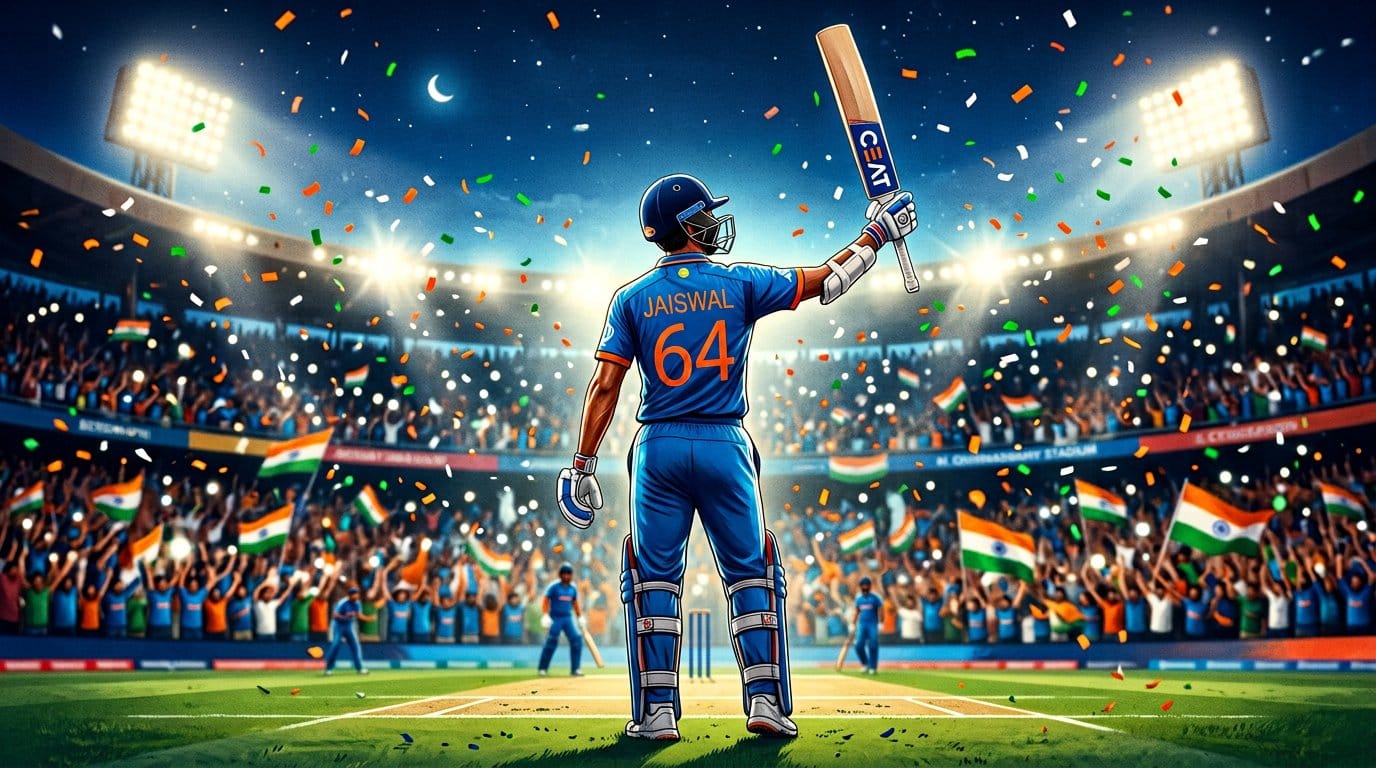 Yashasvi Jaiswal, India's left-handed opening batsman wearing blue jersey number 64, raises his bat to celebrate a century under stadium floodlights