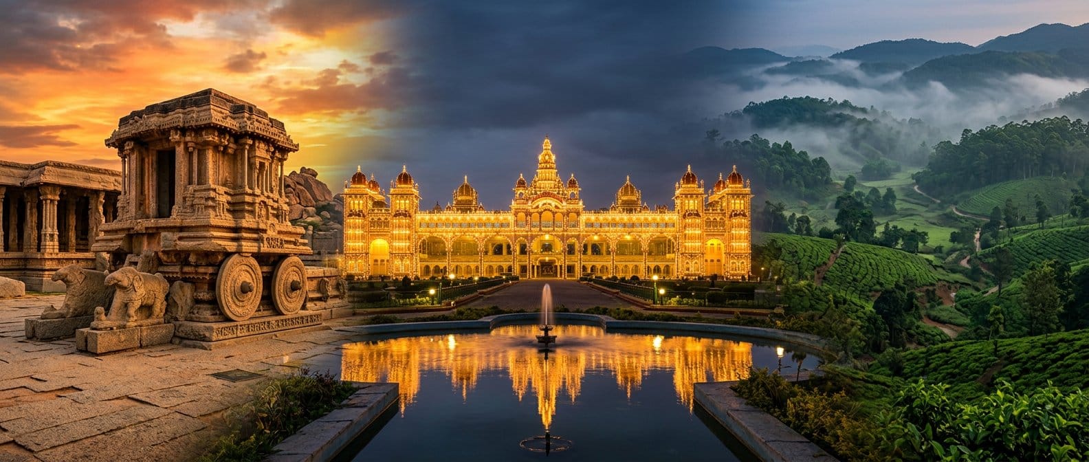 Karnataka heritage banner showing Mysore Palace, Hampi stone chariot, and Coorg coffee plantation