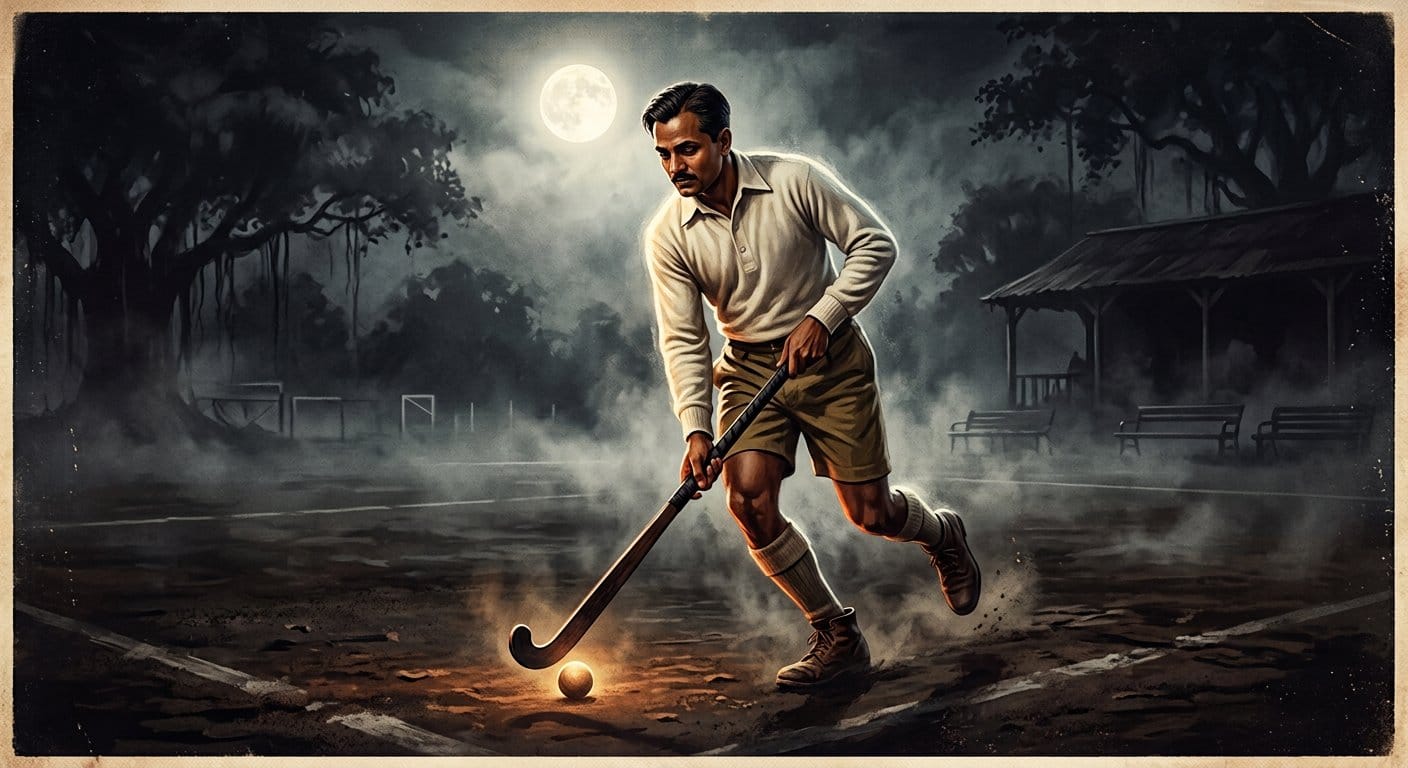 Major Dhyan Chand, India's hockey wizard, dribbling a hockey ball under moonlight — Major Dhyan Chand biography 2026