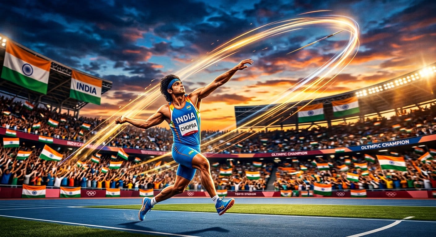 Neeraj Chopra throwing a javelin at a packed Olympic stadium at dusk, chasing Olympic gold for India