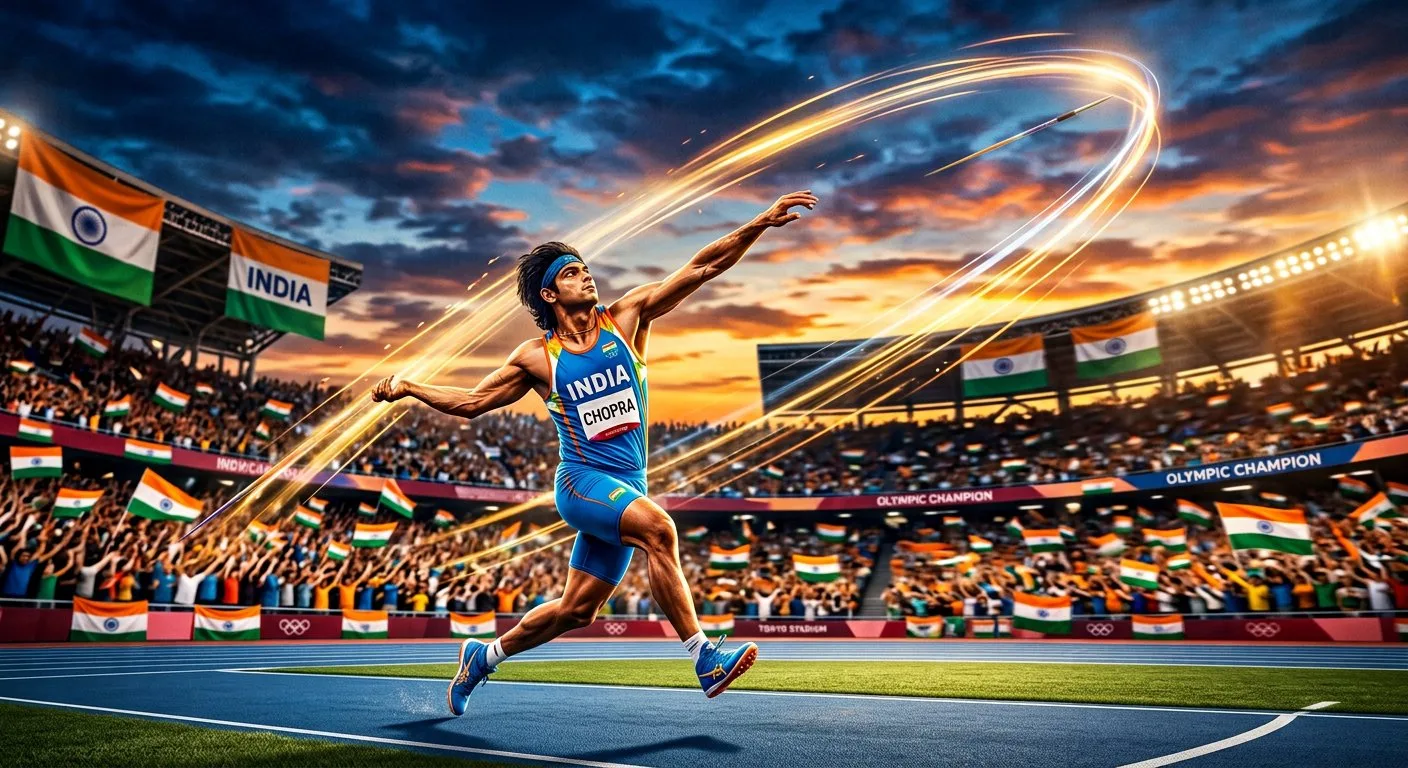 Neeraj Chopra throwing a javelin at a packed Olympic stadium