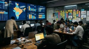 Election campaign war room with data screens showing India map constituency analysis and a young team working on laptops