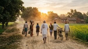 Prashant Kishor Jan Suraaj padyatra walking on a rural Bihar road at sunrise with villagers