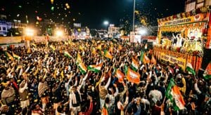 Election victory celebration in Patna with a large crowd waving saffron and green flags at a flower-decorated podium at night