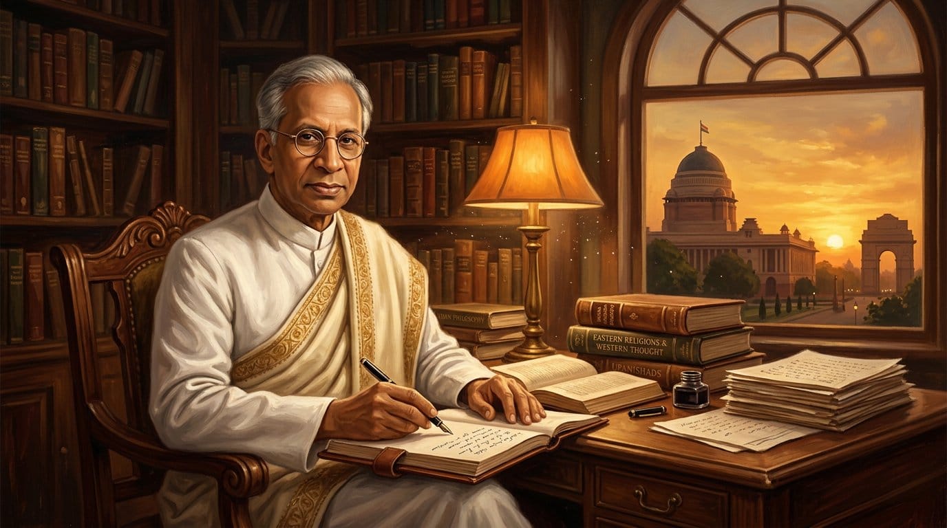 Dr. Sarvepalli Radhakrishnan — India's 2nd President and philosopher-teacher, seated with books, with Rashtrapati Bhavan dome in the background