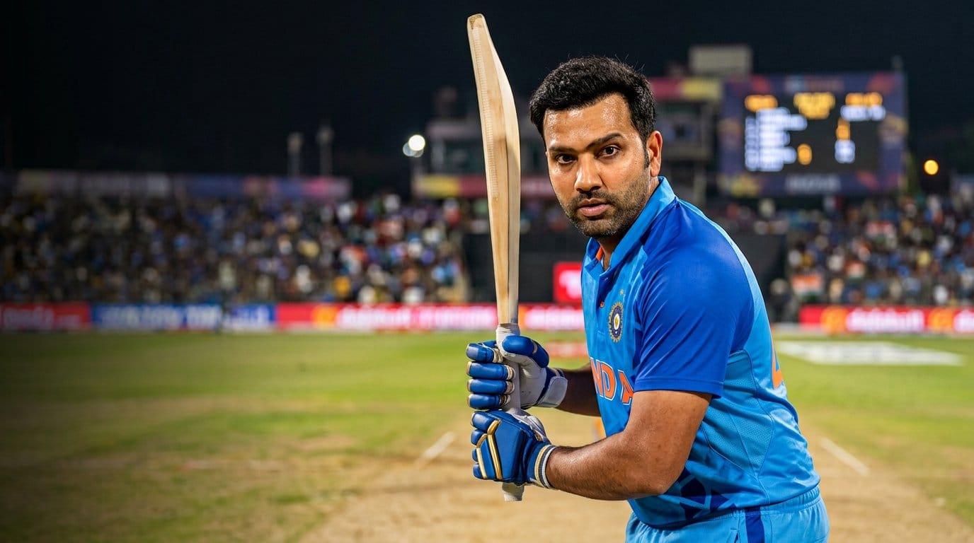 Rohit Sharma in Team India blue jersey holding a cricket bat on the field during a night match – Rohit Sharma biography featured image