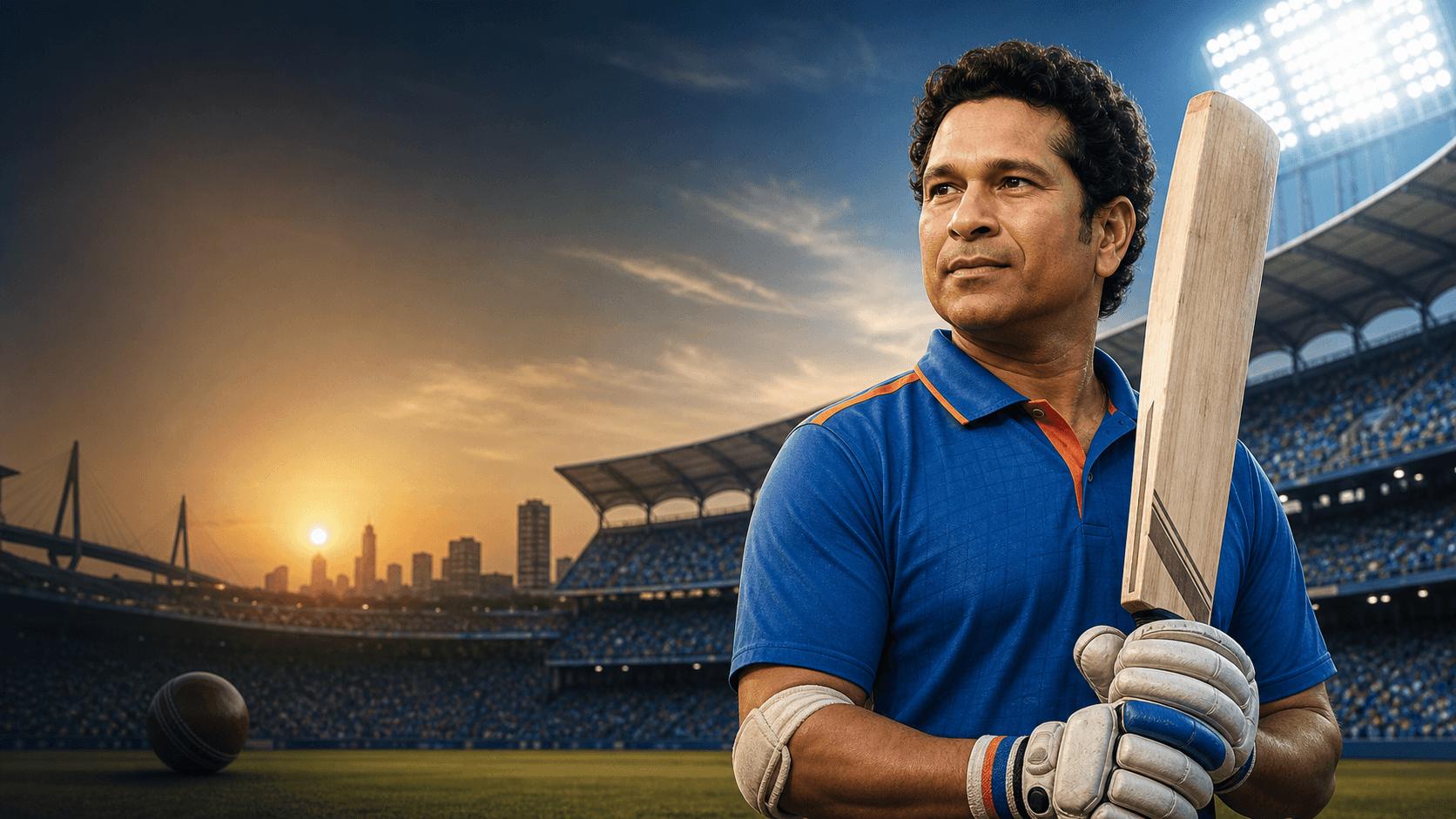 Sachin Tendulkar holding a cricket bat in a blue jersey inside a floodlit cricket stadium at sunset