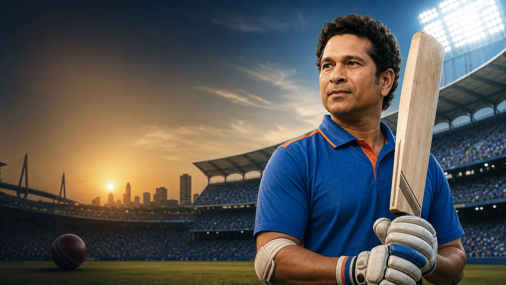 Sachin Tendulkar holding a cricket bat in a blue jersey inside a floodlit stadium