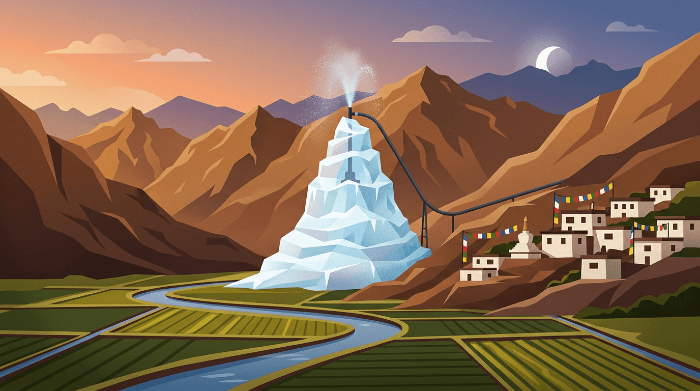 Illustration of an ice stupa artificial glacier in Ladakh with a gravity-fed water pipe, Himalayan mountains, a village with prayer flags, and irrigated barley fields