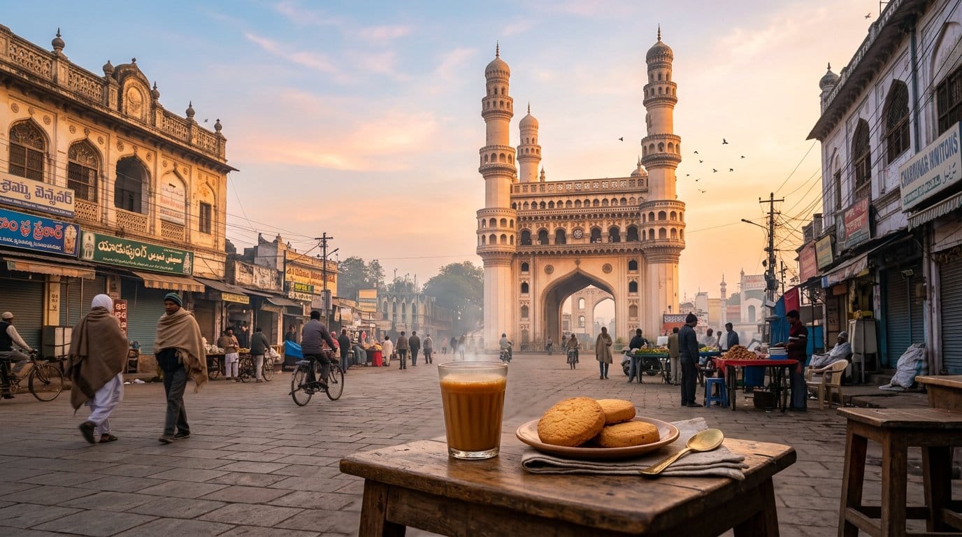 Telangana travel guide: early morning Irani chai at Nimrah Cafe near Charminar, Hyderabad